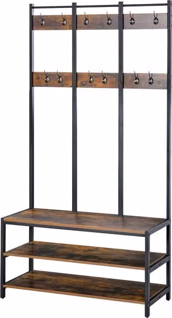 HOMCOM Industrial Hall Tree Coat Rack Stand with Bench and Shoe Storage, Rustic Brown and Black, W: 100 cm, D: 40 cm, H: 184 cm