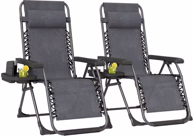 SPETLEK Set of 2 Grey Zero Gravity Recliner Chairs with Adjustable Headrest and Side Tray – 1