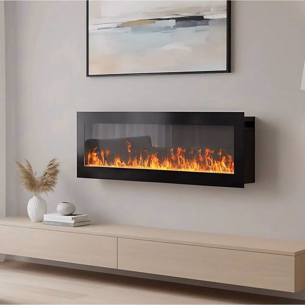 FORGEVIO Black LED Fireplace Media Wall with Glass Detail W: 1000 cm, H: 52 cm – 2