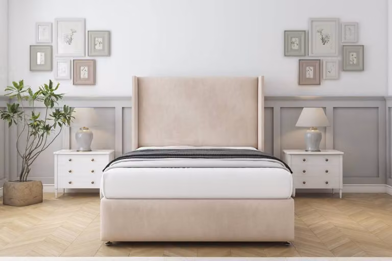 Sloomy Stratford Naples Divan Set in Light Sand, Super King Size, with Wingback Headboard and Footboard