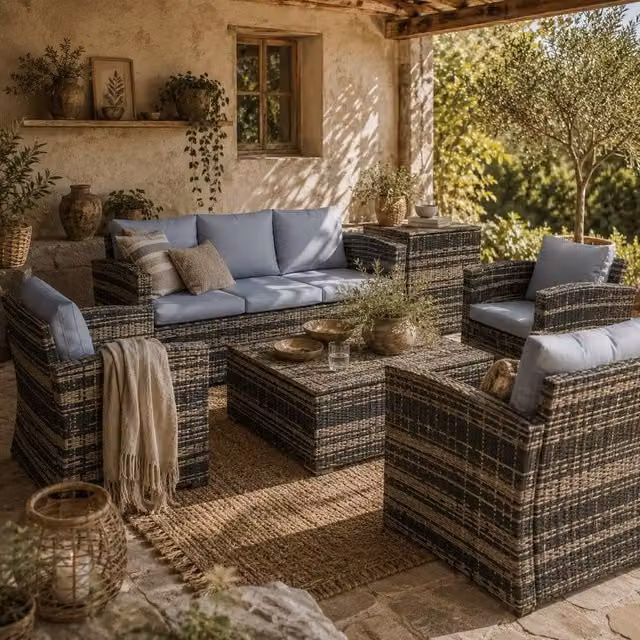 Wyld Haus Vaveyo 7 Seater Grey Rattan and Steel Outdoor Sofa Set with Storage Table – 1