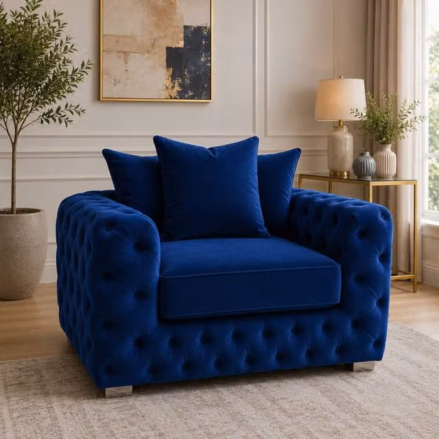 Stratus Interiors Ashley Chesterfield Scatter Back Plush Velvet Fabric Armchair in Royal Blue – 1