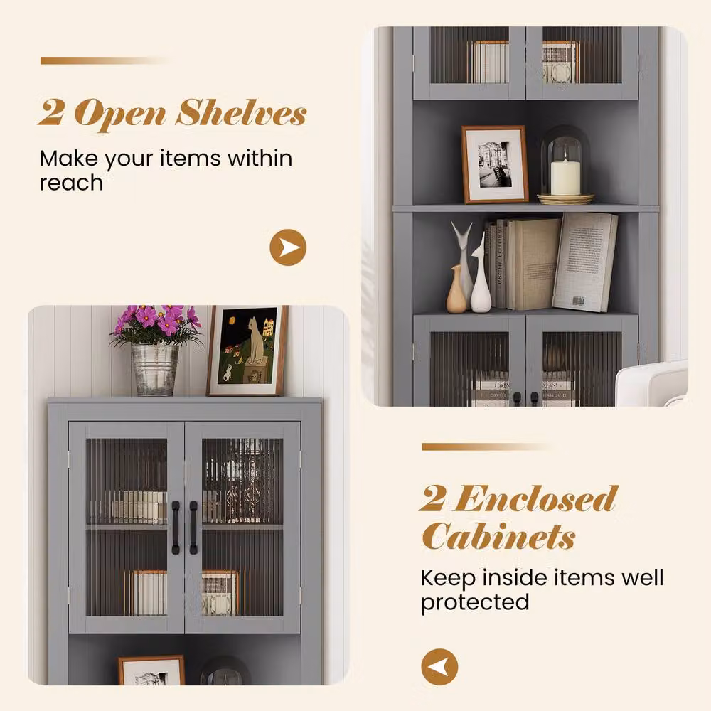 Costway 6-Tier Corner Storage Cabinet with 4 Glass Doors, Grey, Height: 170 cm – 5