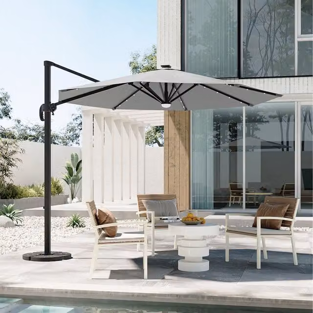 Komore Round Cantilever Parasol with Solar-Powered Lights in Light Grey and Black