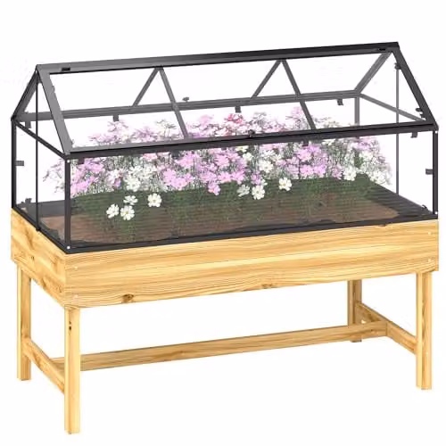 Outsunny Raised Garden Bed with Polycarbonate Cold Frame Greenhouse in Sand – 1