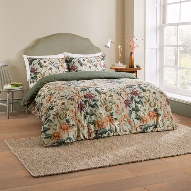Terrys Reversible Floral Cotton Percale Duvet Cover Bedding Set in Green
