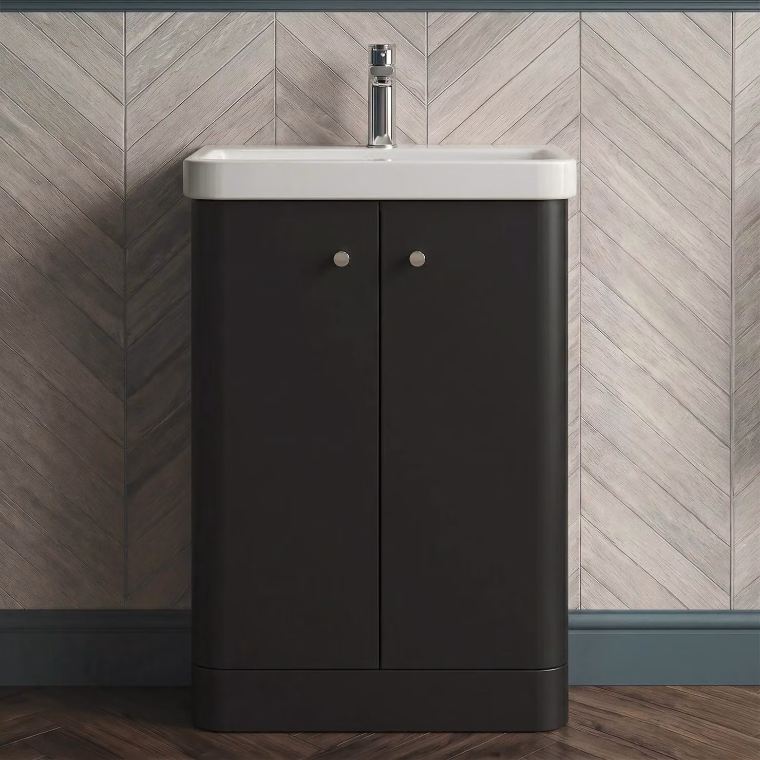 Balterley Modern 2 Door Freestanding Bathroom Vanity Unit with Ceramic Basin in Matt Dark Grey, Width: 60 cm – 5