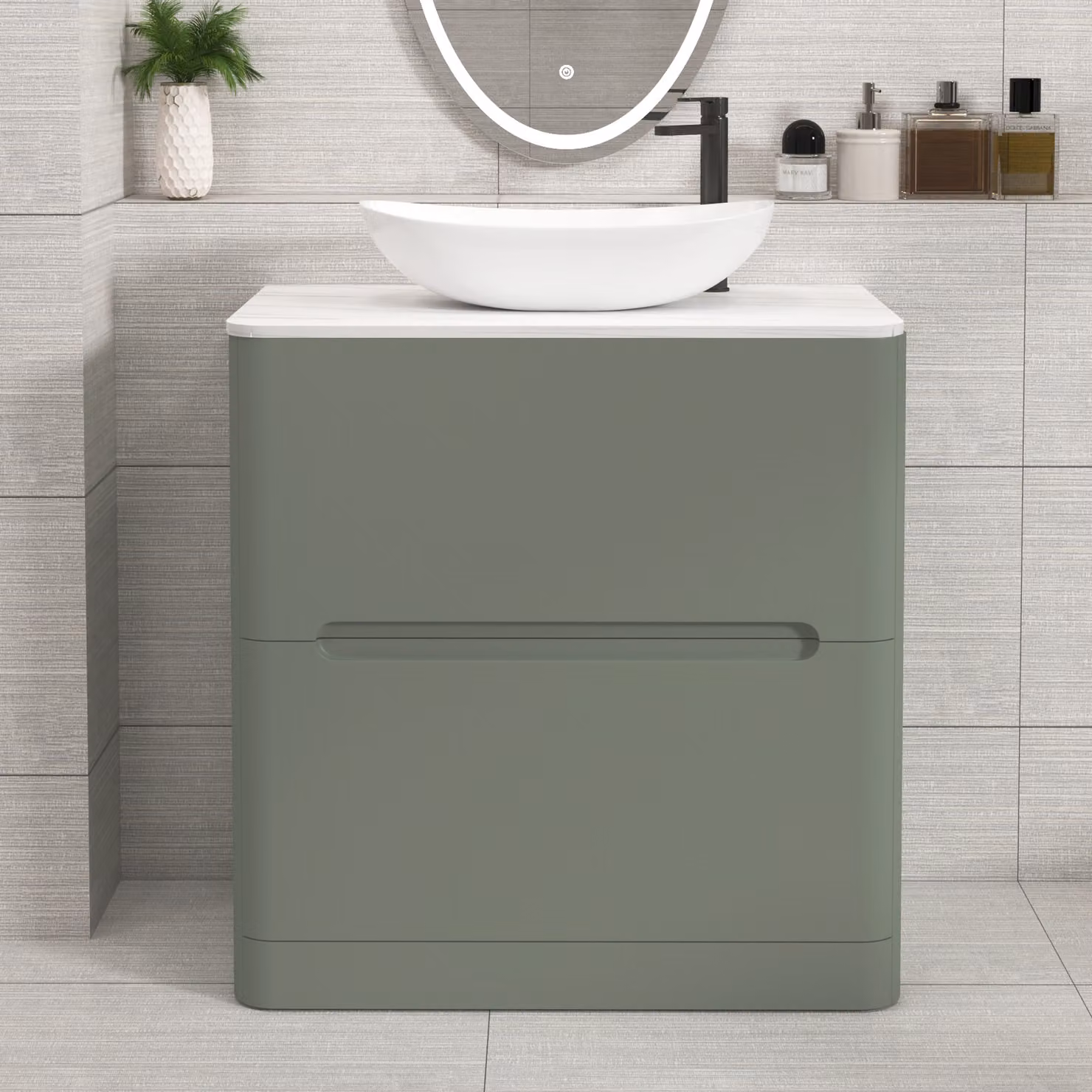 Royal Bathrooms Venice 800mm Sage Green Floor Standing Countertop Vanity Unit with 2 Drawers and Cesar Basin