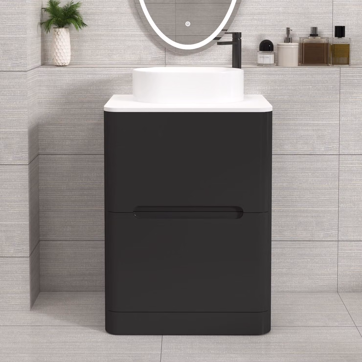 Royal Bathrooms Venice 600mm Matt Nocturne Black Floor Standing 2 Drawer Vanity Unit with Plain White Worktop and Peak Basin