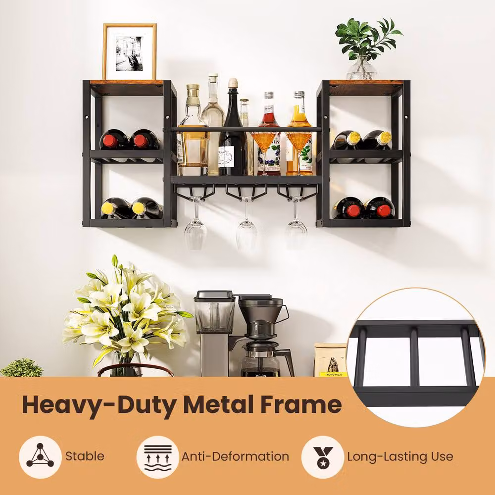 Costway 3-Tier Wall Mounted Industrial Wine Rack and Floating Kitchen Shelf with Glass Holder in Brown – 5