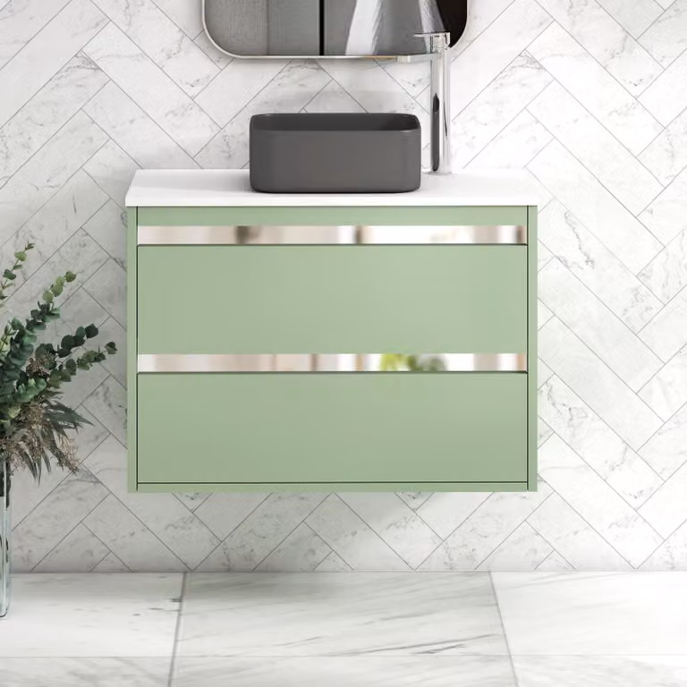 Royal Bathrooms Orion 800mm Wall Hung Vanity Unit in Mint Sage and White with Art Square Basin and Chrome Accent Trim