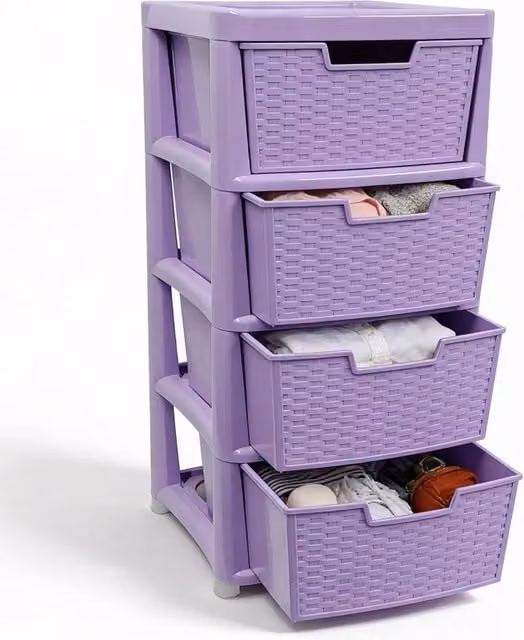 FORGEVIO 4 Tier Plastic Rattan Drawer Storage Cabinet in Purple for Home or Office – 1
