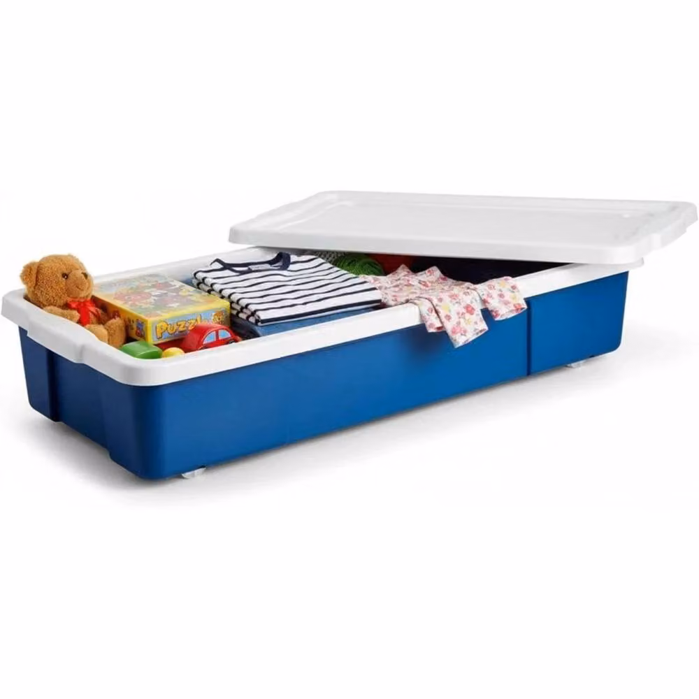 FLAVORA Set of 3 Blue Underbed Storage Boxes with Lids and Wheels, 47L each, W/D/H: 50 x 50 x 50 cm – 4