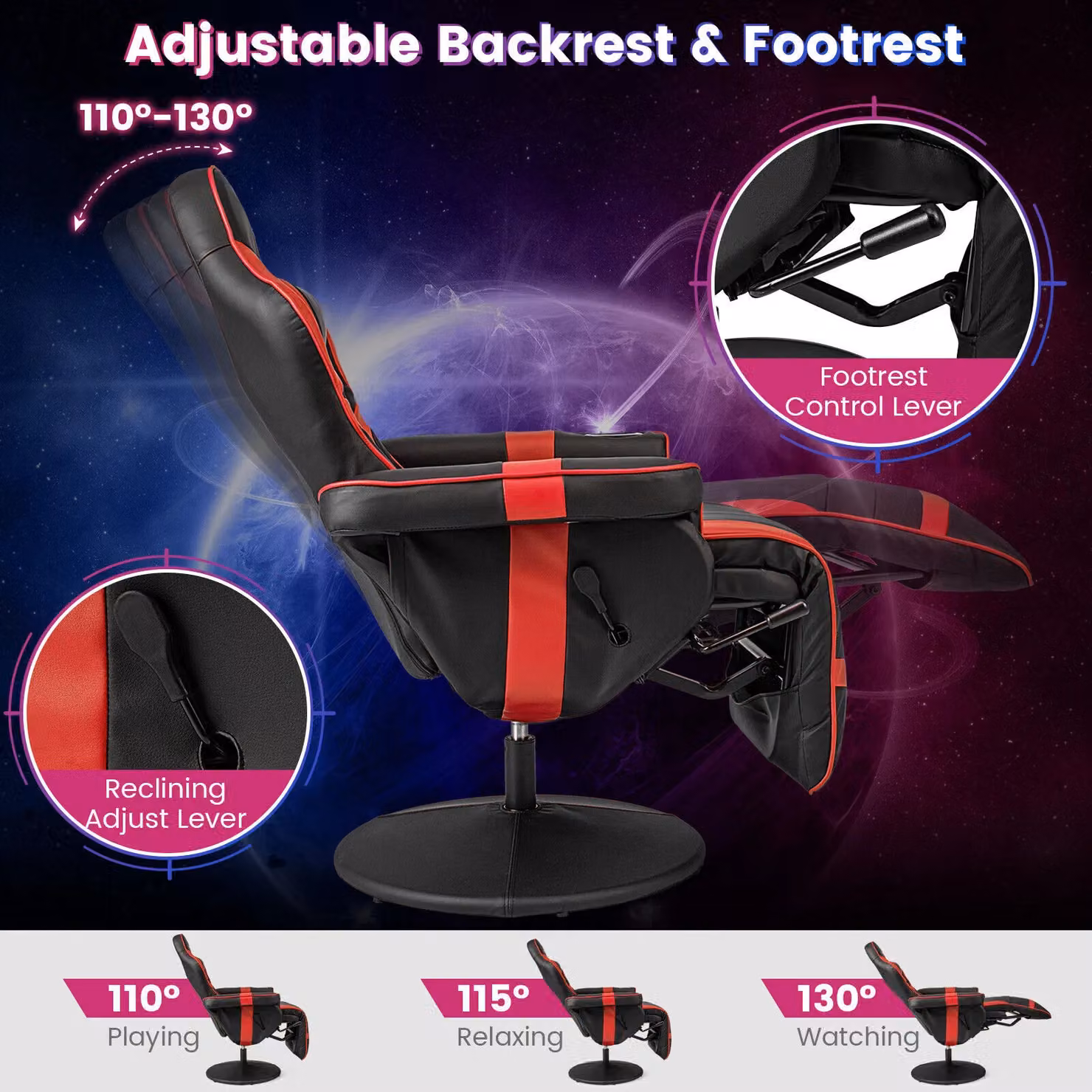 Gymax Red Massage Swivel Gaming Recliner Chair with Adjustable Height and Armrests – 7