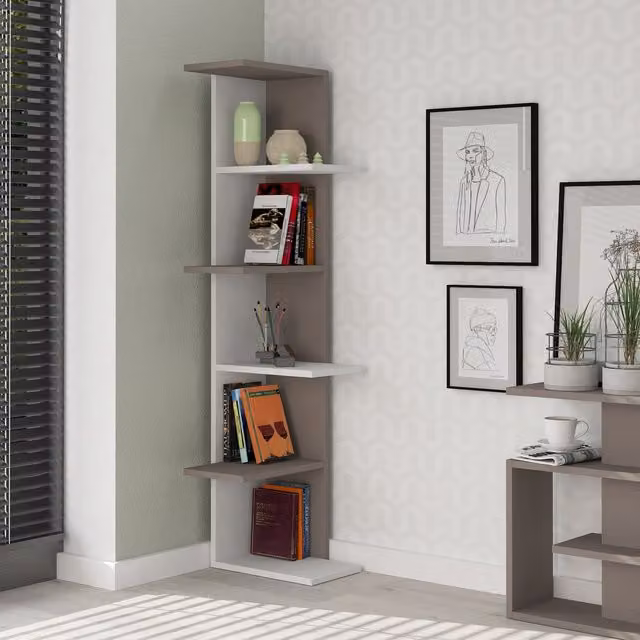 Decortie Saso Modern Wall Mounted Corner Bookcase Display Unit in White and Grey, H 141 cm x W 37 cm x D 37 cm – 1