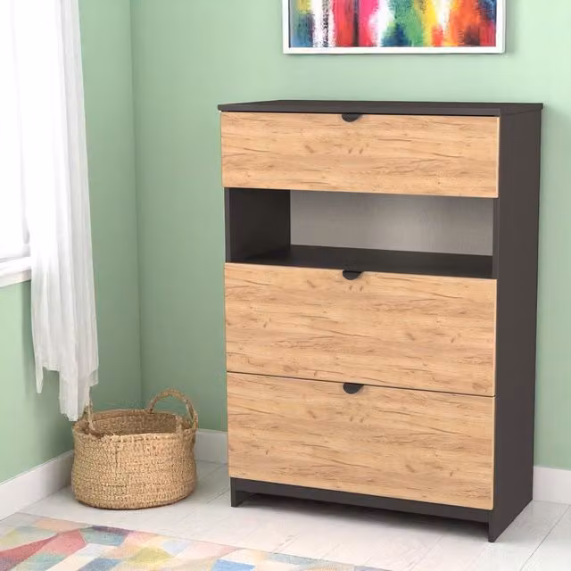 Bora Ready Assembled 3 Drawer Deep Chest with Shelf in Gold Craft Oak and Graphite
