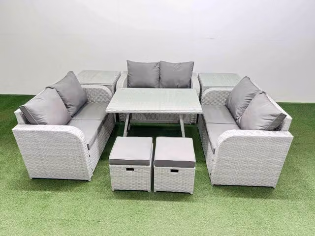 Fimous 8-Seater Patio Set with Rectangular Table, Love Sofa and 2 Side Tables in Light Grey