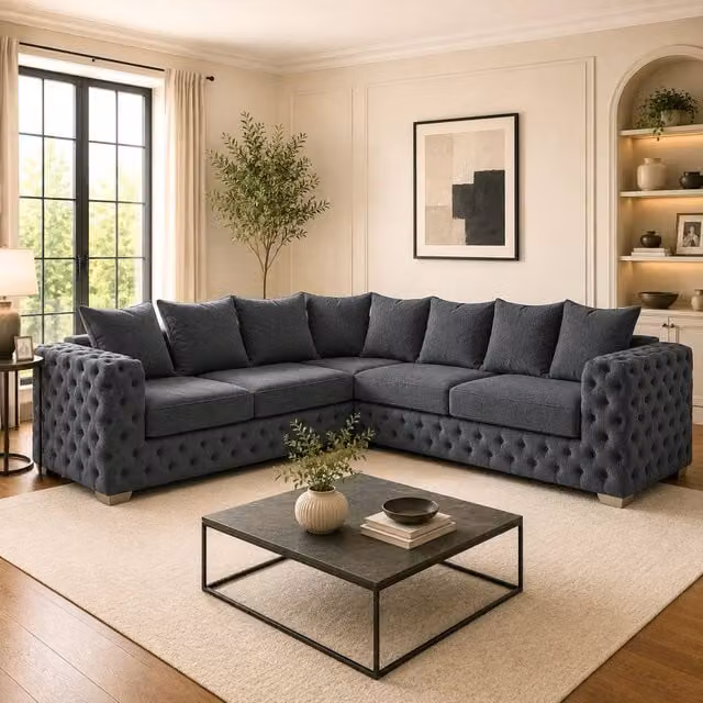 Stratus Interiors Ashley Chesterfield 3 Seater Scatter Back Sofa in Dark Grey Plush Velvet – 1