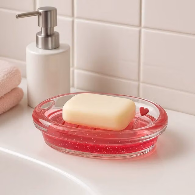 Orsina Acrylic Soap Dish with Floating Red Hearts, Transparent/Red, W: 14 cm, D: 10 cm, H: 3 cm – 3