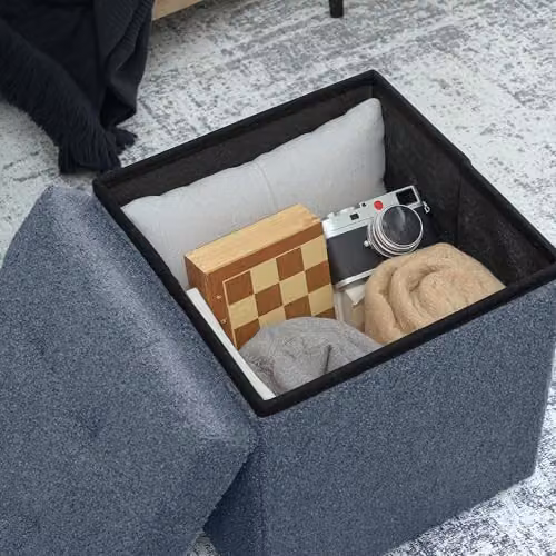 HOMCOM Foldable Sherpa Fleece Ottoman Storage Box in Blue, W/D/H: 38 x 38 x 38 cm – 6
