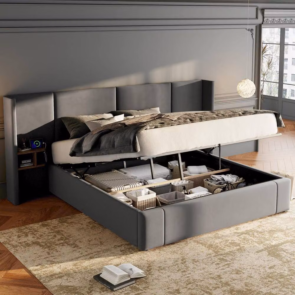 Rolipo Grey Velvet Ottoman King Size Bed Frame with Bedside Tables and USB Charging Ports – 1
