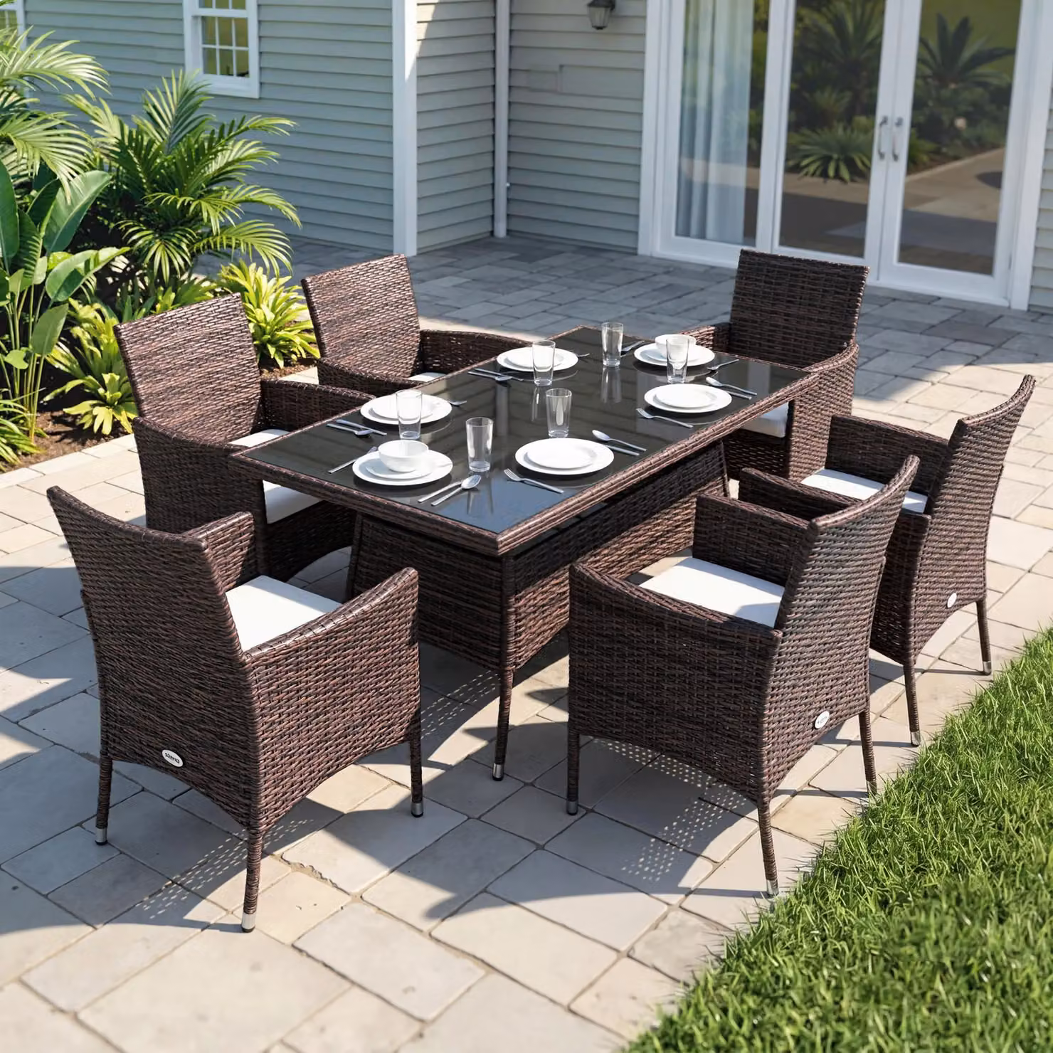 Outsunny 7-Piece Rattan Garden Furniture Dining Set in Brown and Black – 8
