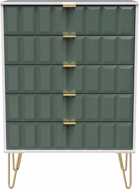 Ready Assembled 2 U Metro 5 Drawer Chest in Green and Gold