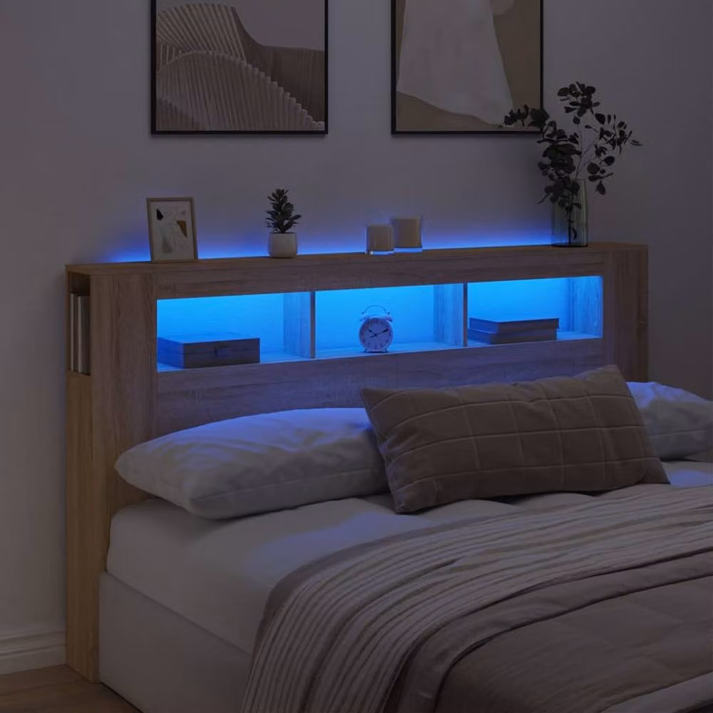 Berkfield Home Sonoma Oak LED Headboard with Integrated Shelf and USB Charging Port, Beige, W: 180 cm, D: 18.5 cm, H: 103.5 cm – 2