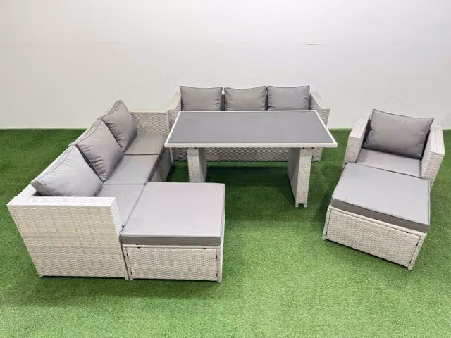 Fimous Patio Garden Furniture Set with 2 Large Stools in Light Grey Rattan and Metal