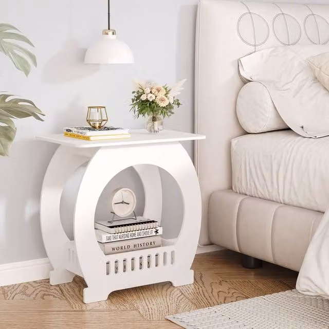 Dprodo Multifunction Small Side Table with Storage Shelf Basket in White – 1