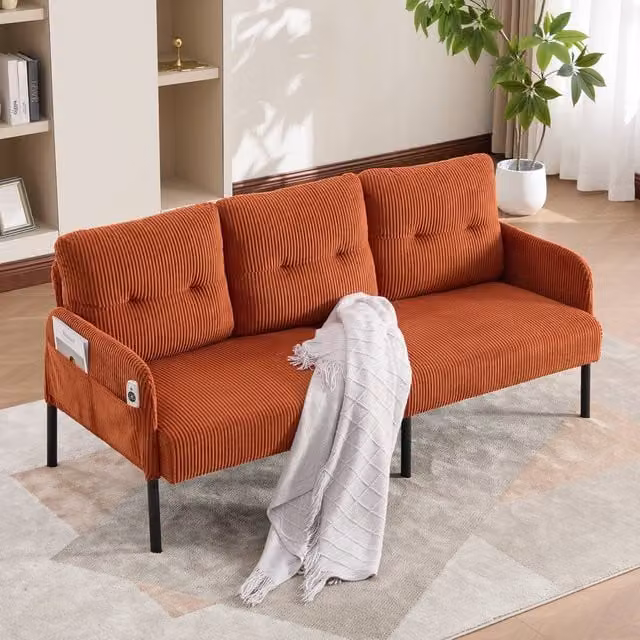 Direct Wicker Orange Corduroy Oversized Loveseat Double-Seater Couch with USB Charging and Side Pockets – 1