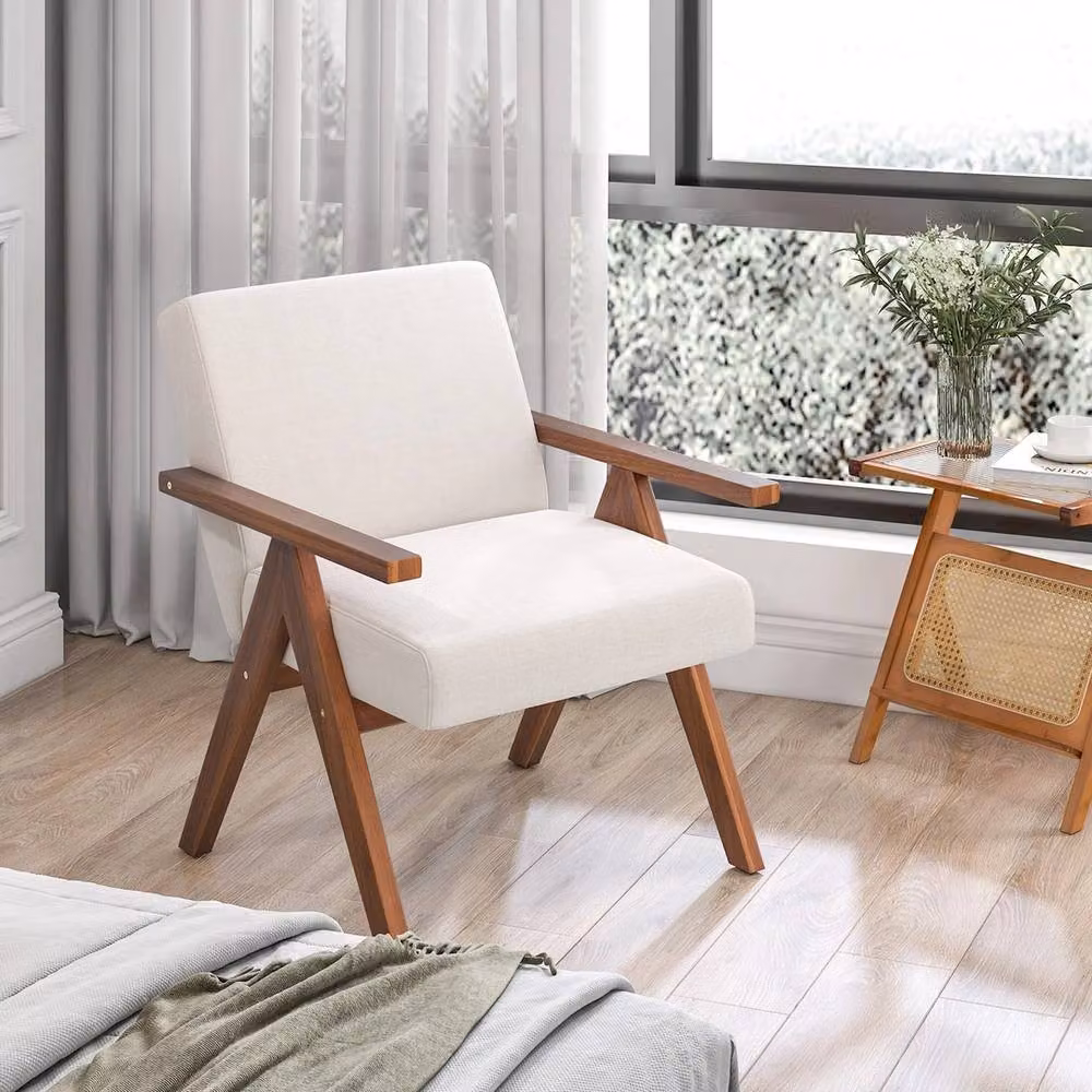 NESTLUNE Mid-century Modern Accent Chair in Beige Fabric with Acacia Wood Frame – 4