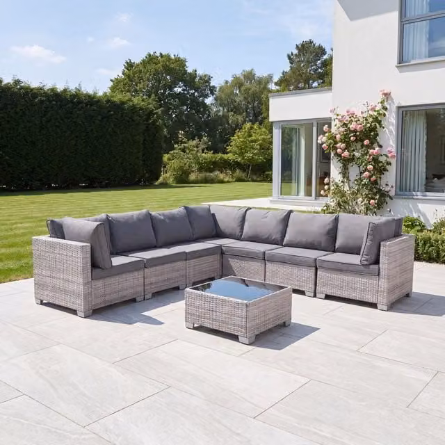 Saviano 7 Seat Modular Large L-Shaped Rattan Corner Set in Grey