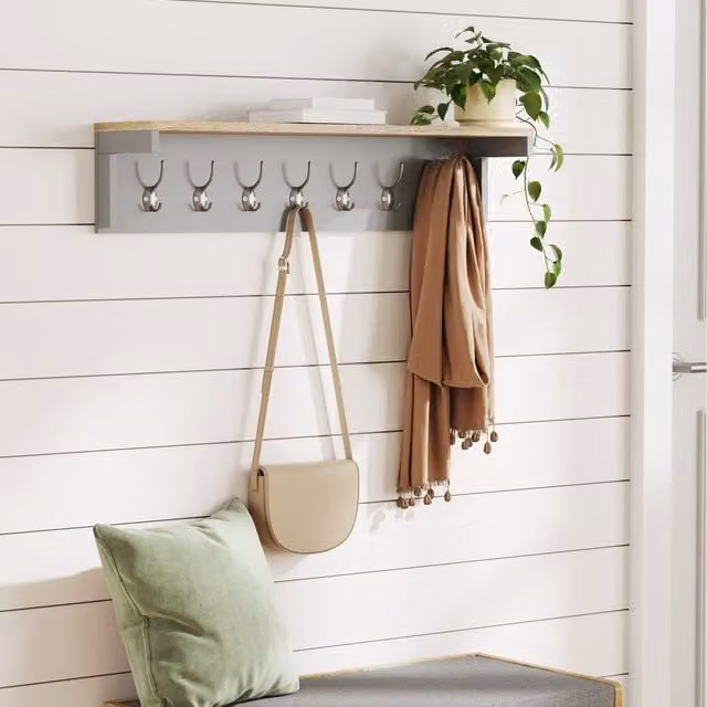 VonHaus Grey Wall Mounted Hallway Coat Hooks with Shelf and 7 Double Hooks