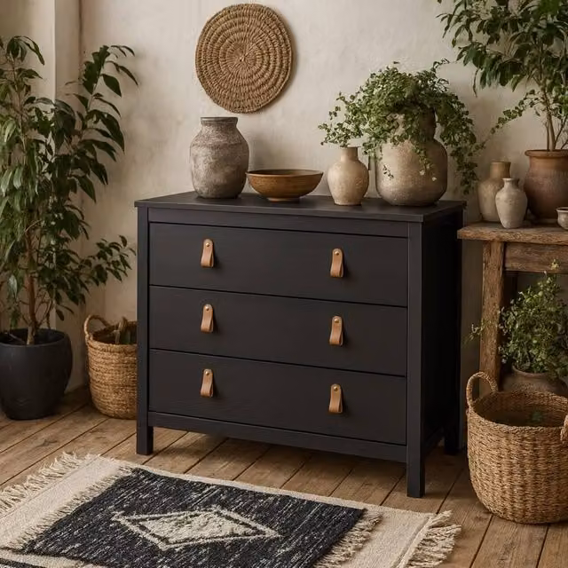 Wyld Haus Wildberry 3 Drawer Chest in Matt Black with Leather Strap Handles, W/D/H: 79.7 x 38.4 x 27.1 cm