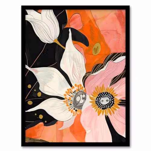 Artery8 Abstract Pink and Orange Floral Boho Framed Wall Art Print, W: 21.0 x H: 29.7 cm