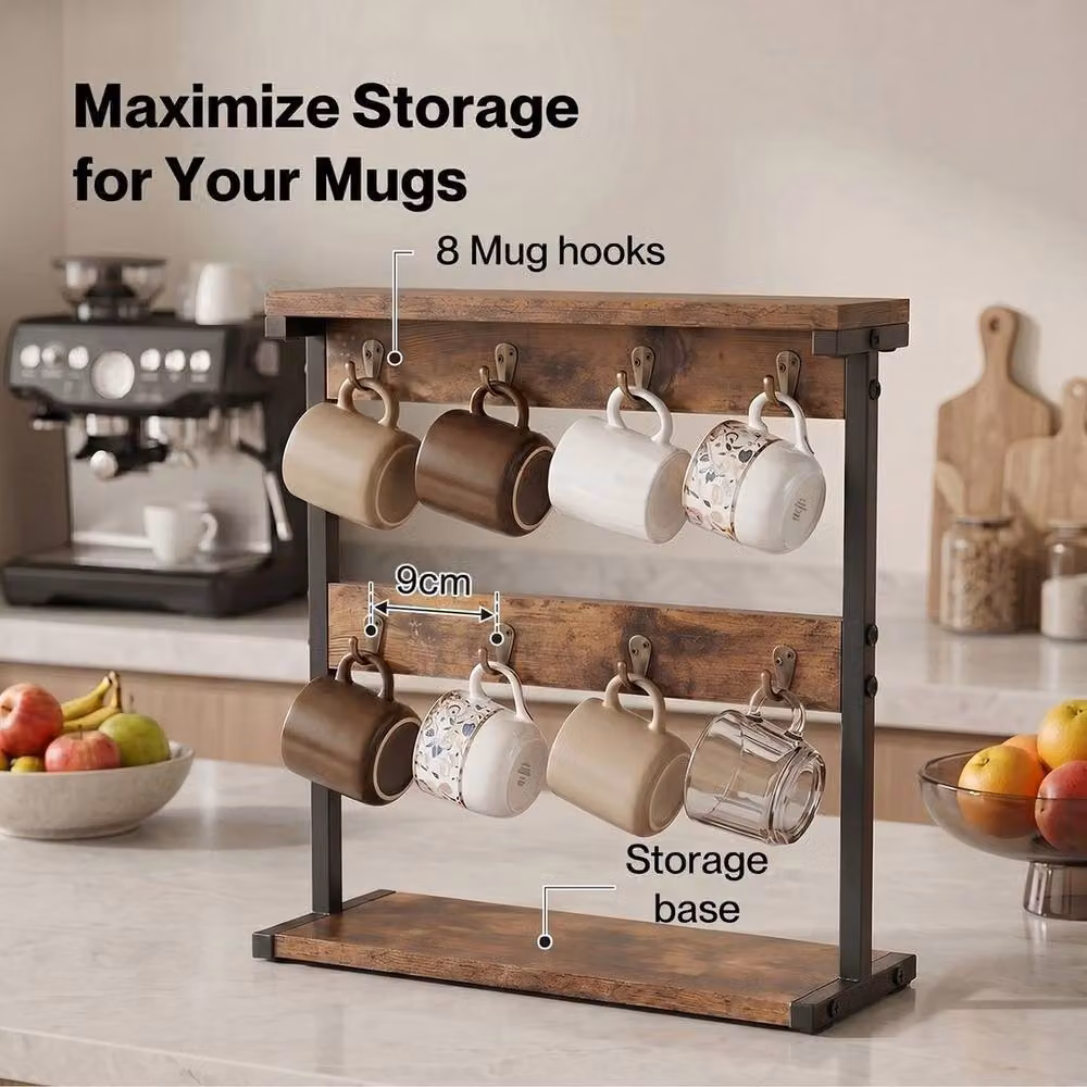 NESTLUNE Brown Wood Mug Holder Stand and Coffee Cup Rack Organiser – 3