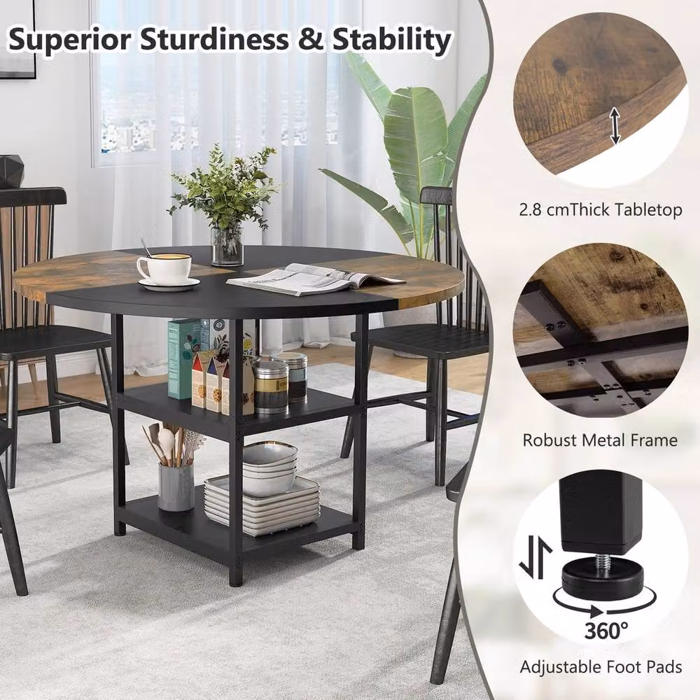 VOGREX Round Rustic Wooden Dining Table with 2 Storage Shelves in Black, Diameter: 120 cm, Height: 76 cm – 6