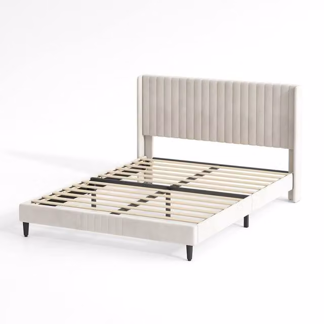 MCC Direct Charlie Velvet Upholstered Double Bed Frame with Channel Headboard in Beige, 140 x 200 cm – 1