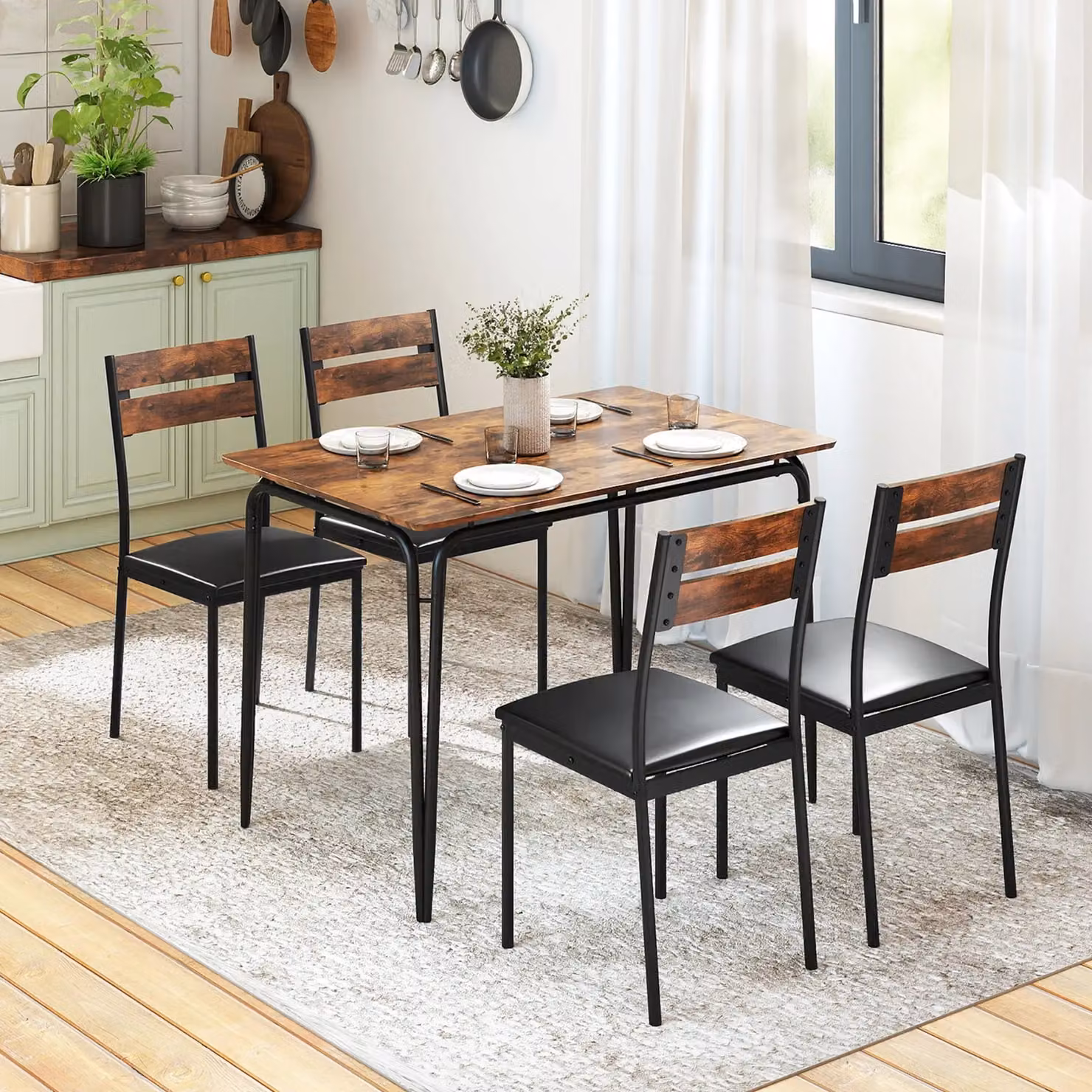 Costway 5-Piece Rectangular Dining Table and 4 Armless Chairs Set in Brown – 2