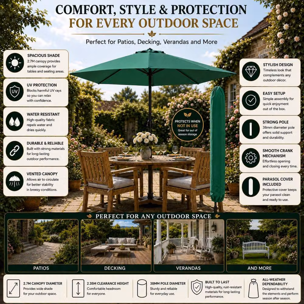 Glamhaus Green Garden Table Parasol with Crank Handle and UPF 50+ Protection, Diameter: 270 cm – 3