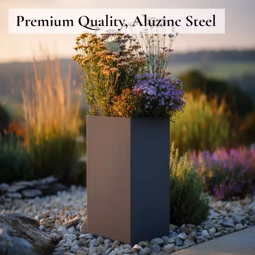 Tulipy Galvanised Steel Tall Square Planter, Matte Grey, W: 32 cm, D: 32 cm, H: 75 cm – 13