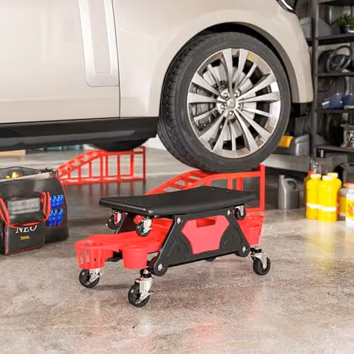 HOMCOM Rolling Mechanic Workshop Stool, Red – 6