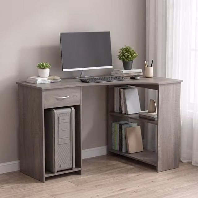 STILVORA L-Shaped Corner Desk in Grey with Shelves, Drawer and Keyboard Tray