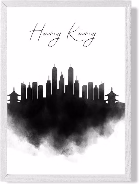 ARTZE Hong Kong Watercolour Skyline City Framed Print, Black and White, A3 – 1