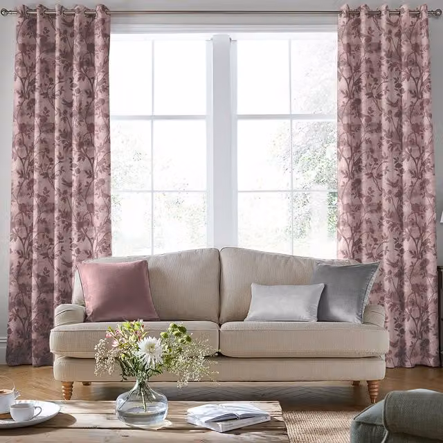 Laura Ashley Eglantine Silhouette Made to Measure Woven Blackout Floral Eyelet Curtains in Mulberry