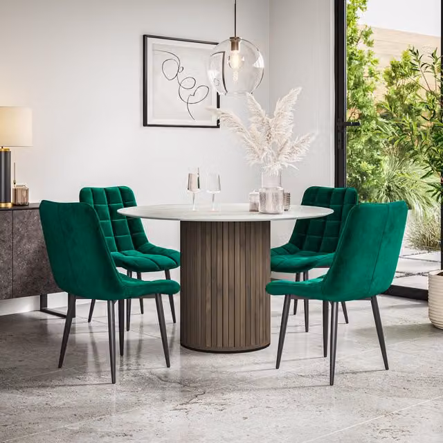 Arlo Modern Round Dining Table and 4 Chairs Set in Green and Black Velvet