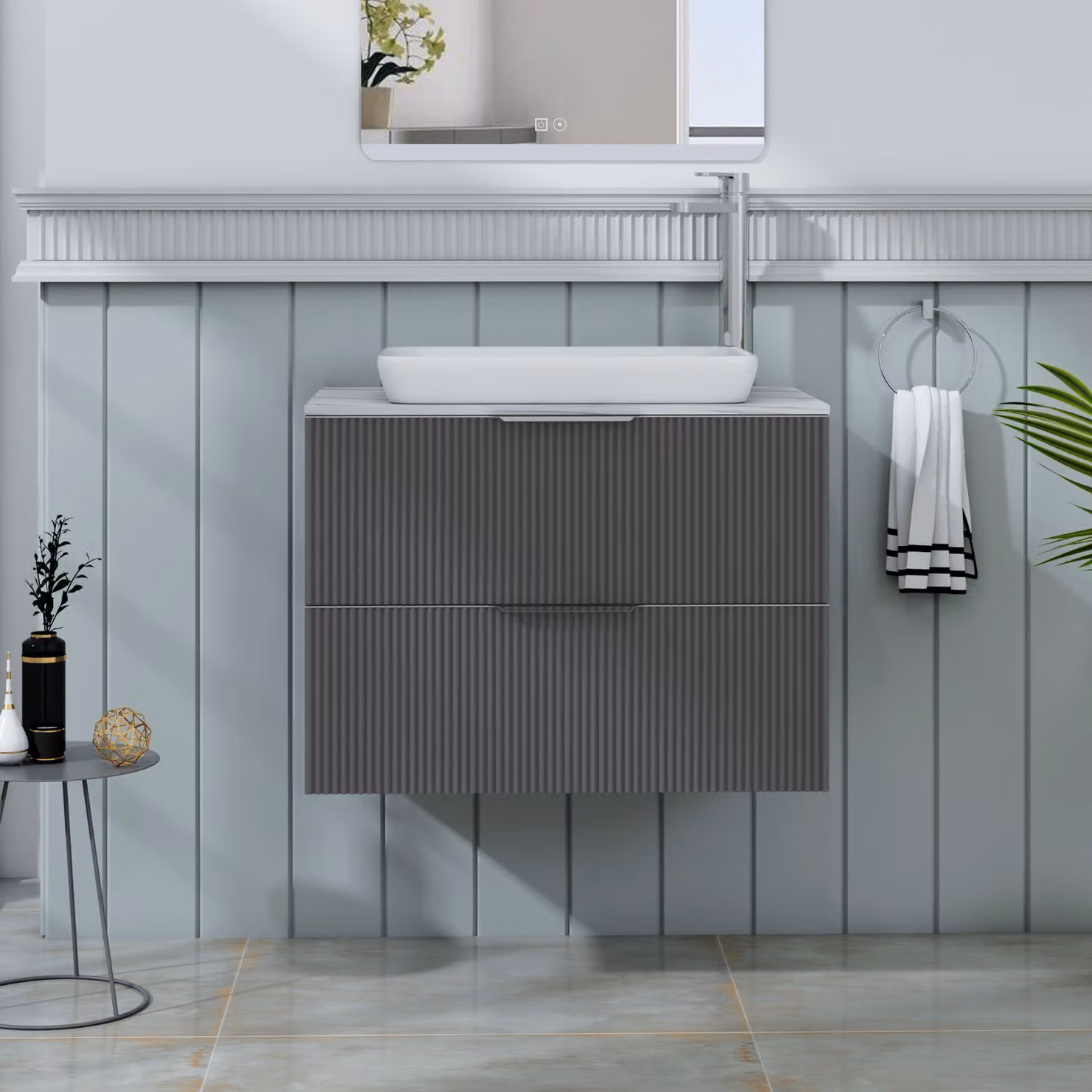 Royal Bathrooms Evora 700mm Graphite Grey Fluted Wall Hung Vanity Unit with 2 Drawers and Qubix Basin