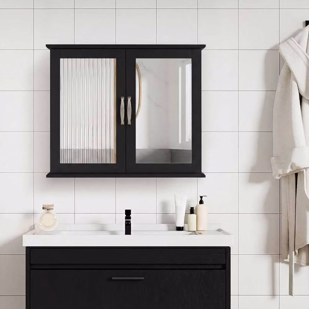 Gymax Modern Black Wall-Mounted Medicine Cabinet with Mirrored Double Hinged Doors – 4