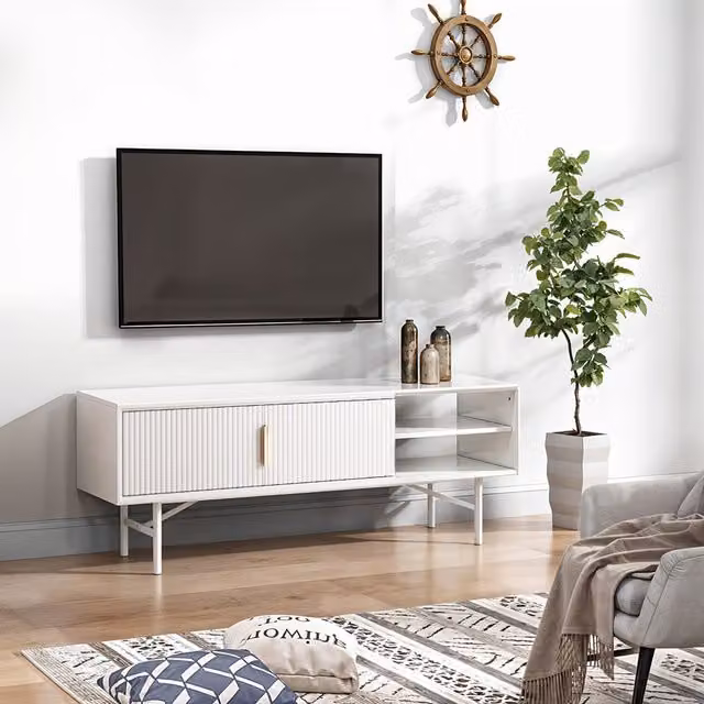 Komore Modern White Matt High TV Stand with Display Shelves for your Living Room
